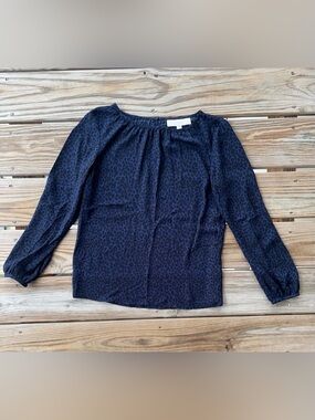LOFT Blue Leopard Print Chiffon Blouse Sheer Long Sleeve Coquette Top XS Petite